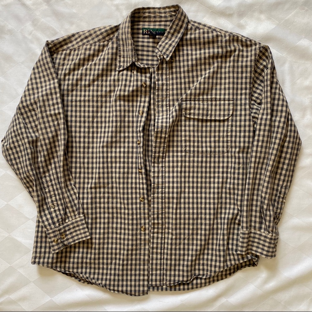 beige and blue flannel shirt
